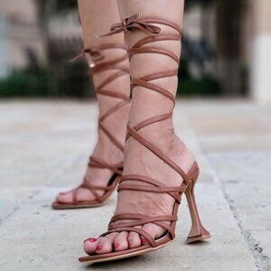 Trendy Brown Strappy Gladiator Heels Pyramid Heel Sandals